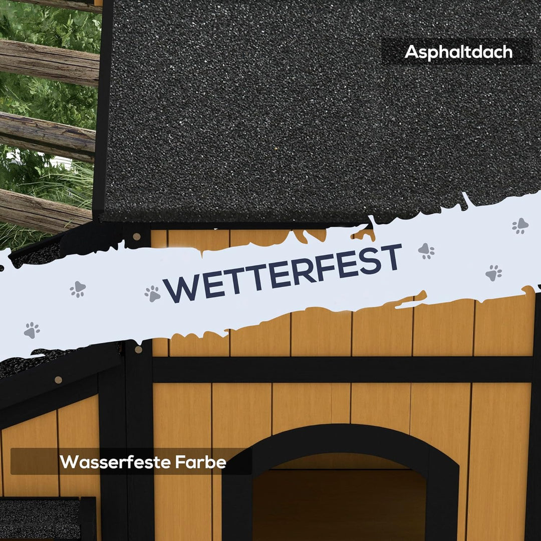 PawHut Katzenhaus, Tannenholz, Katzenhütte mit mehreren Eingängen, 2 Etagen, Katzenhöhle für drausse