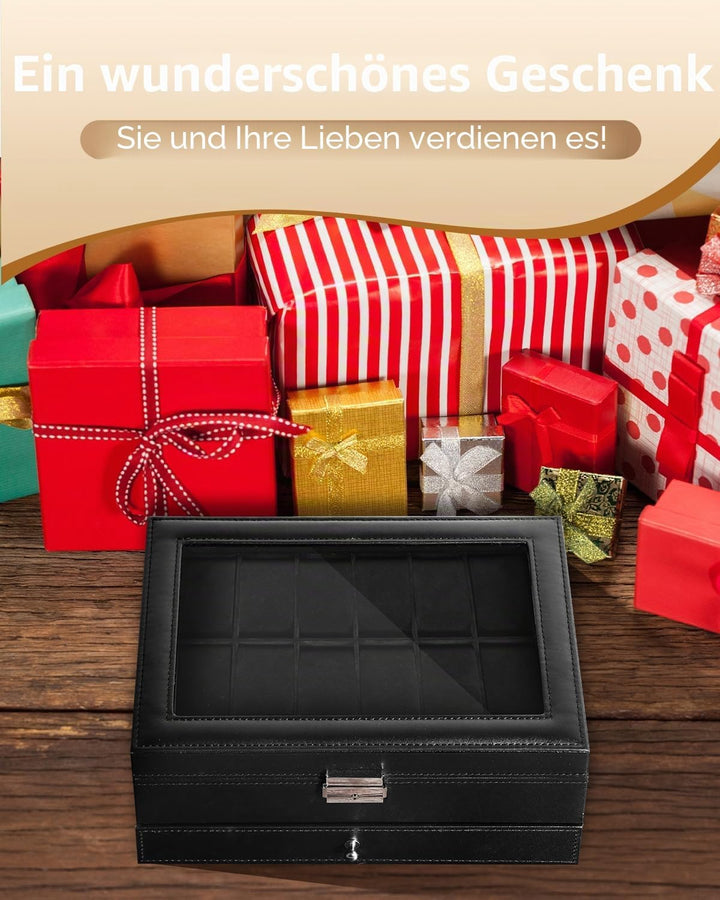 Uten Uhrenbox, 12 Fächern und 1 Schublade mit Schlüsselschloss, Glasdeckel, Schwarzes PU, Schwarzes
