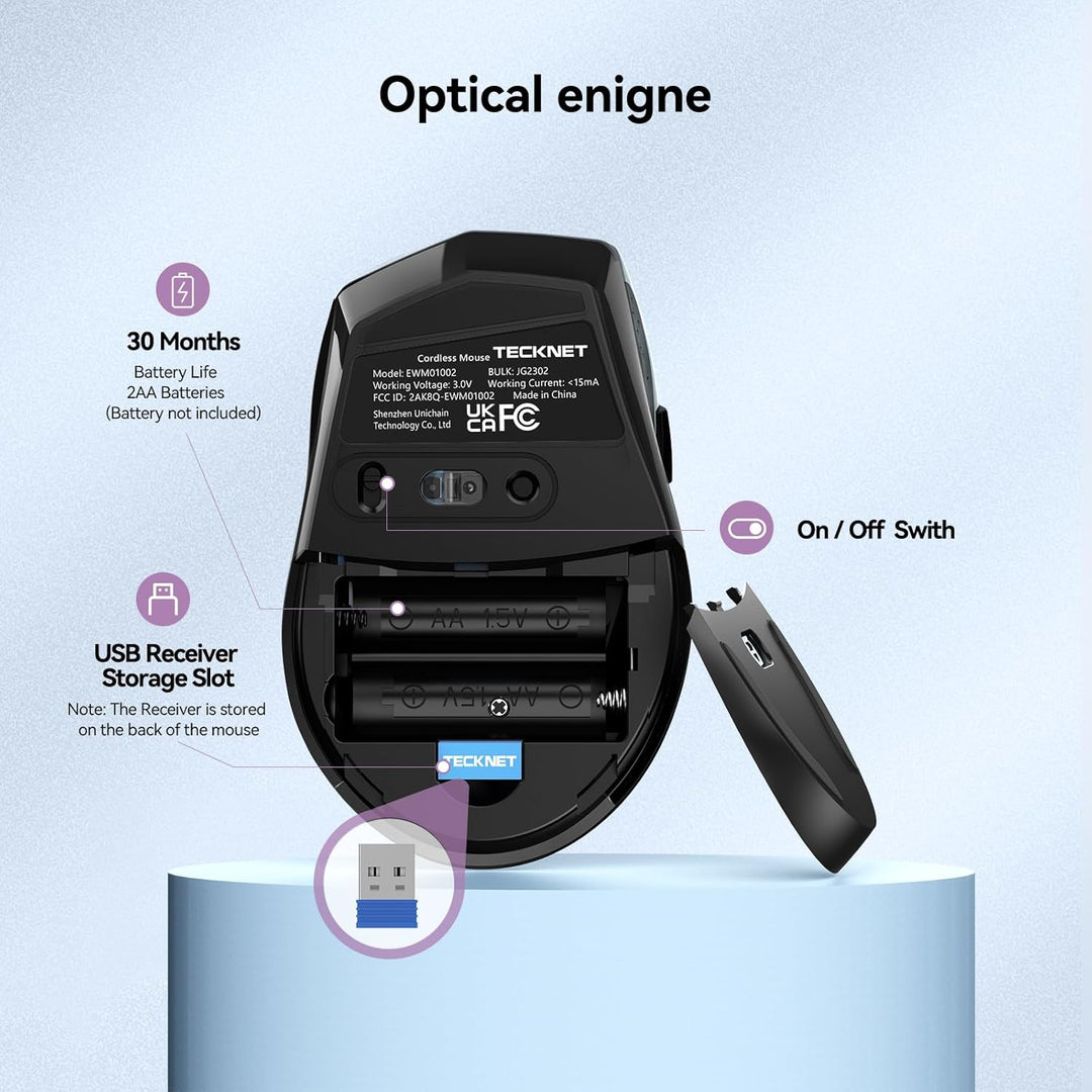 TECKNET Silent Maus Kabellose, 4800DPI 2.4GHz Leise Funkmaus mit Nano Empfänger, Side Control, Ohne