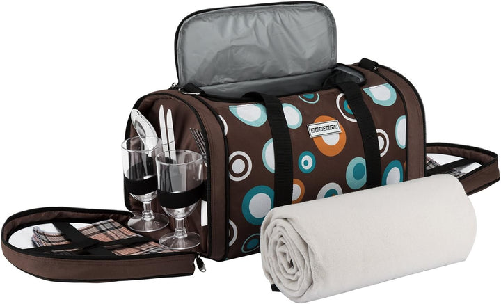 anndora Picknick Kühltasche inkl. Picknick Decke Geschirr Besteck für 4 Personen braun hellblau 3337