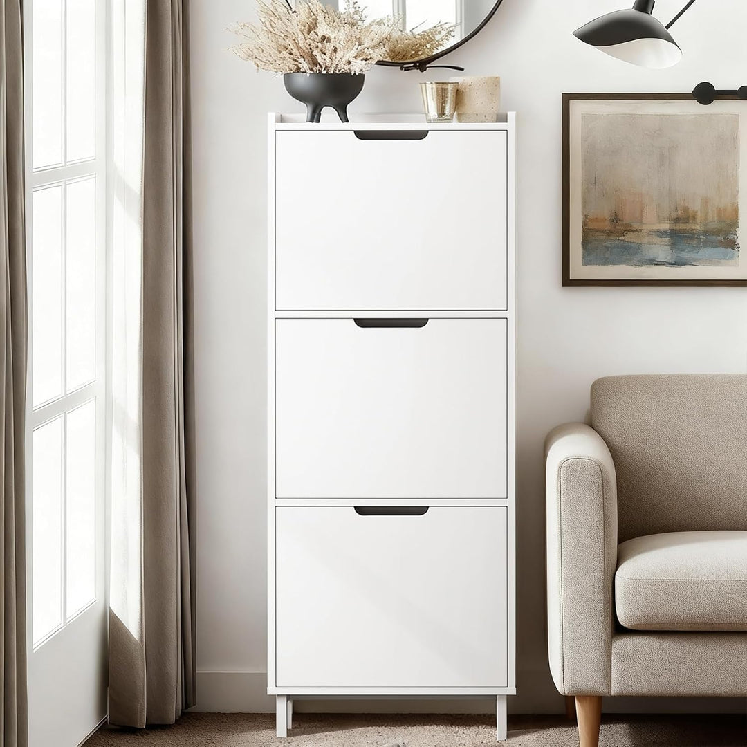SoBuy Schuhschrank schmal mit 3 Klappen Platzsparender Schuhkipper Hoch Kommode Schuhregal geschloss