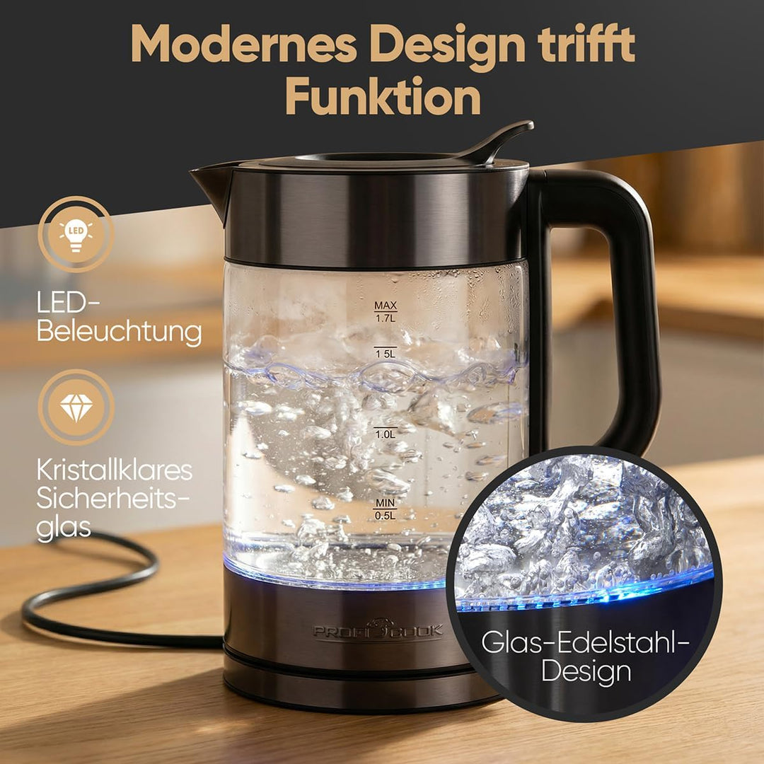 ProfiCook® Wasserkocher Glas | 1,7L | 2200W | beleuchtet | BPA frei | Einhandbedienung | 360° drehba