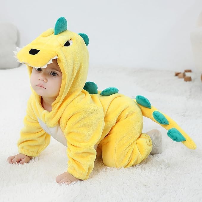 LOLANTA Baby Dinosaurier Drachen Kostüm mit Kapuze, Kinder Flanell Overall, Karneval Kostüm für Klei