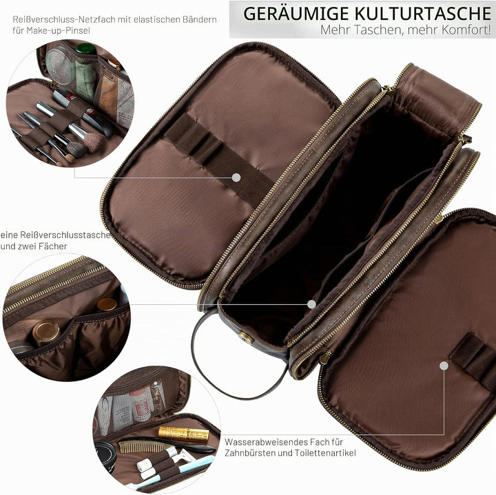Elviros Kulturbeutel Herren, Geschenke für Männer, PU-Leder Wasserdicht Reise Grosse Öffnung Kulturb