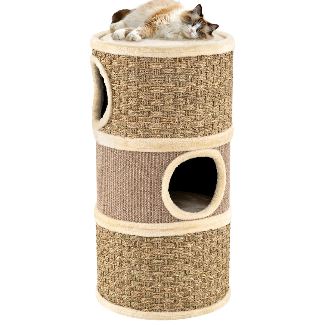 SOARS Kratztonne für Katzen, 70 cm Katzentonne mit 3 Höhlen, Liegefläche und Sisalkratzfläche, Kratz
