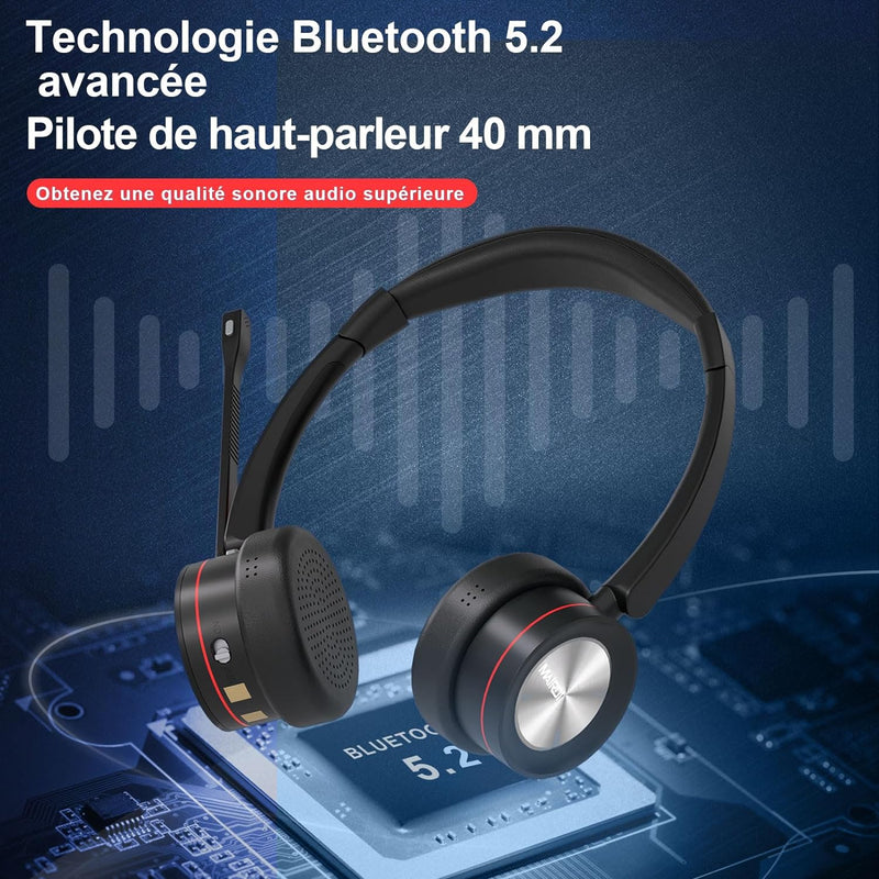 MAIRDI Wireless Headset mit Mikrofon, Stereo Bluetooth Headset mit Ladestation, mit USB Adapter für