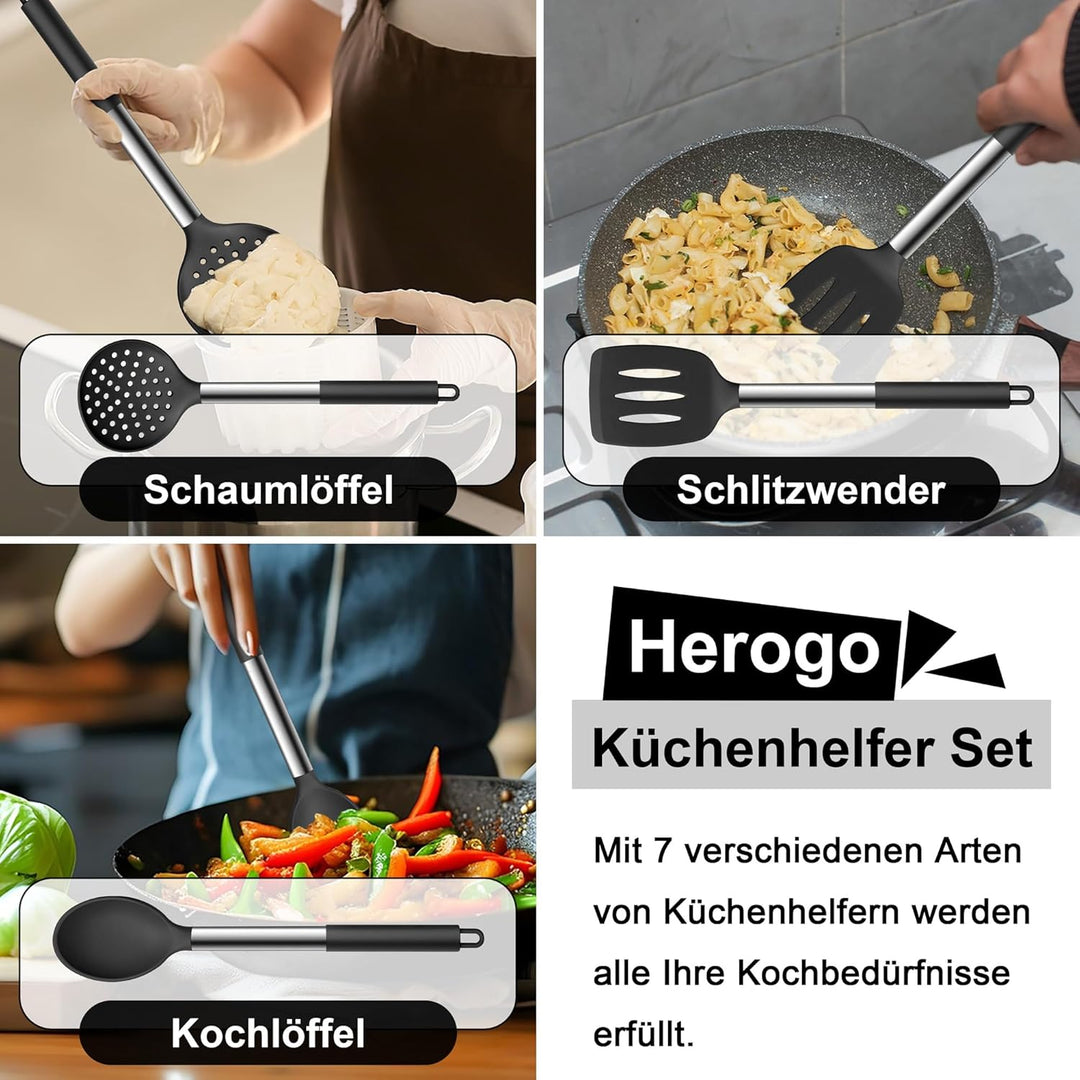 Herogo Küchenhelfer Set, 7 Stück Silikon Küchenutensilien Set, Küchenutensilienset mit Edelstahlgrif