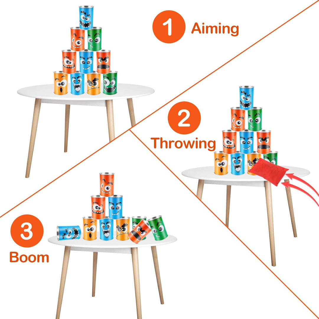 Dosenwerfen Kinder,Dosenwurfspiel für Kindergeburtstag Büchsenwerfen Garten,10 Dosen und 3 Bean Bags