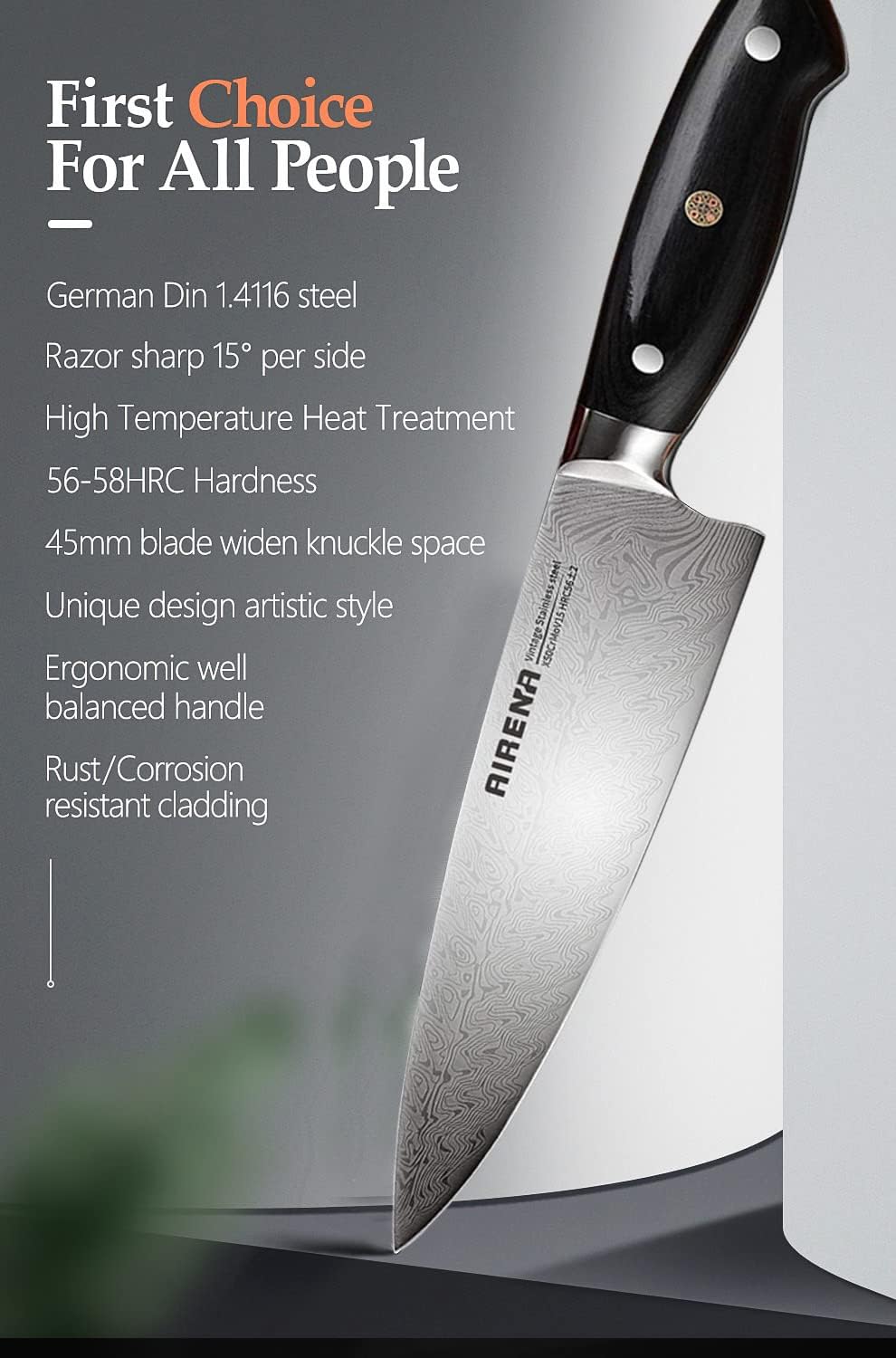 AIRENA Kochmesser, 8" Profi Küchenmesser, Full Tang Japanischer Stil Fleischmesser Allzweckmesser au