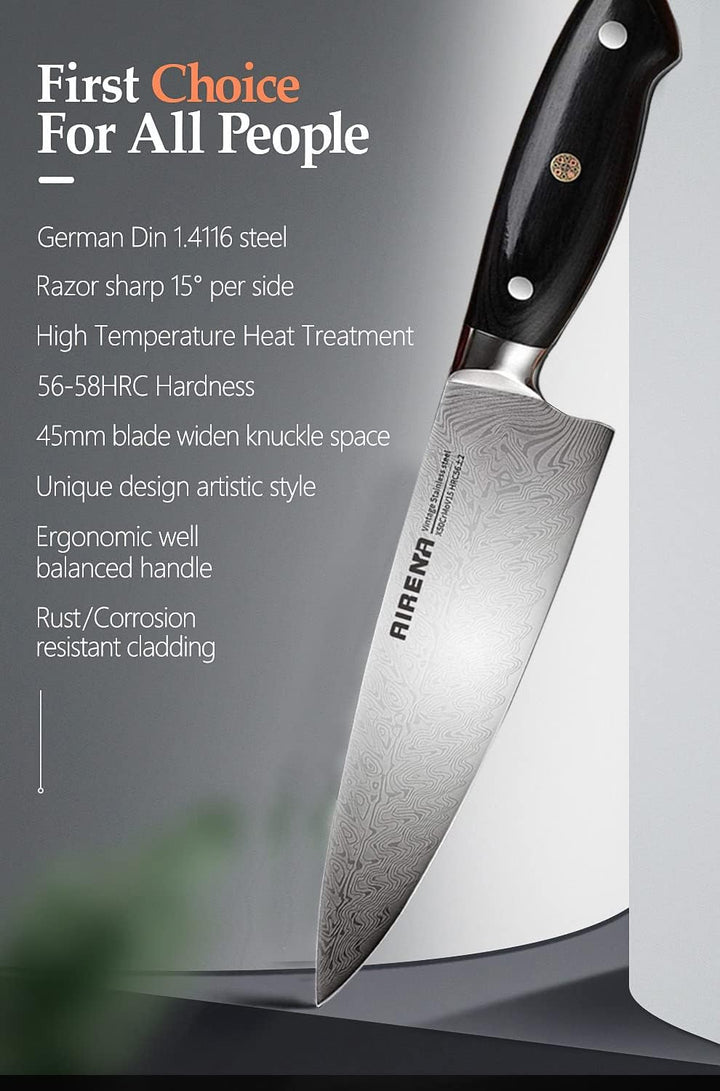 AIRENA Kochmesser, 8" Profi Küchenmesser, Full Tang Japanischer Stil Fleischmesser Allzweckmesser au