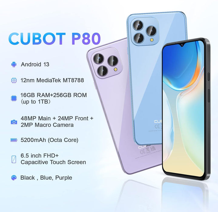 CUBOT P80 Smartphone Ohne Vertrag (2023), Android 13 Handy, 16GB+256GB/1TB, 48MP+24MP, 6,58" FHD+, 5
