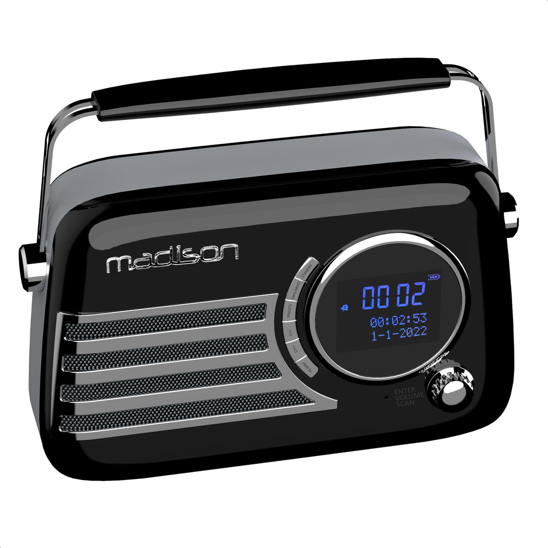 Madison - FREESOUND-VR40BK-DAB - Vintage DAB+ Radio mit Langer Akkulaufzeit - DAB+, FM, Bluetooth &