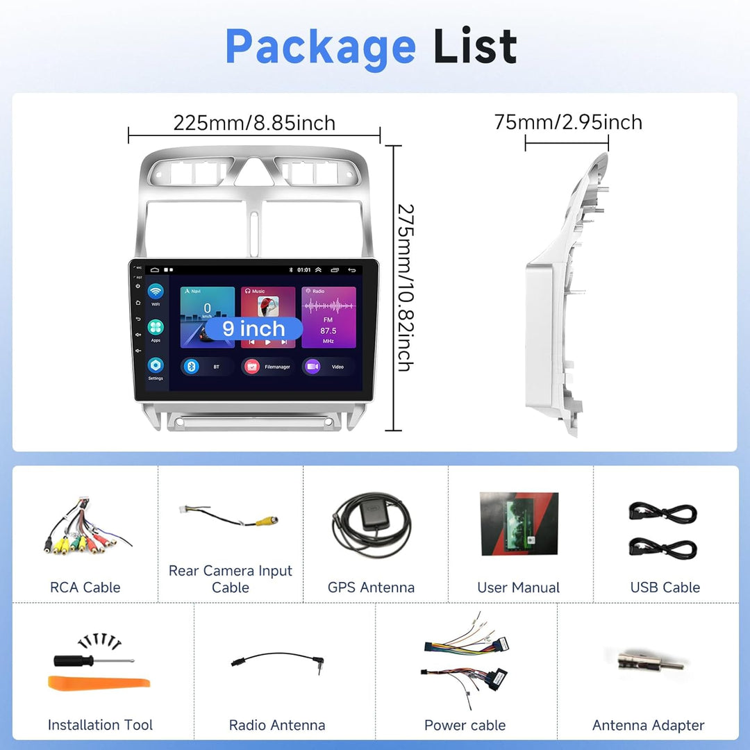 Podofo Carplay Android Autoradio für Peugeot 307 2002-2013,2G++64G,9" Touchscreen HiFi Android Auto