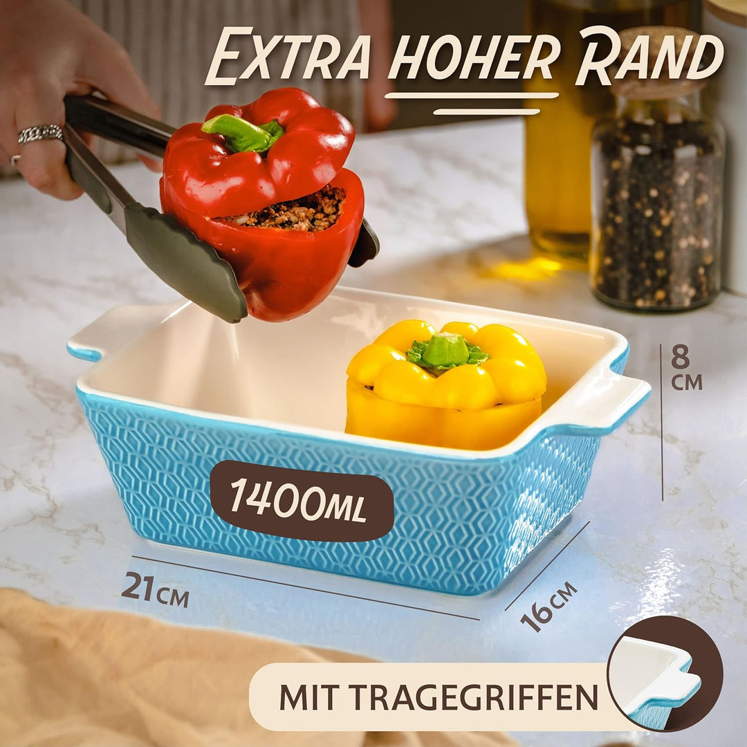 Auflaufform aus Keramik für 2 Personen - Für Lasagne, Tiramisu & Auflauf - Extra Hoher Rand - Eckig