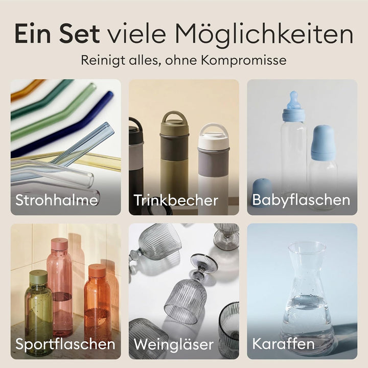 Vove Flaschenbürsten-Set 4-teilig aus Natur-Sisal mit Bambusgriffen, plastikfrei, inkl. Strohhalmrei