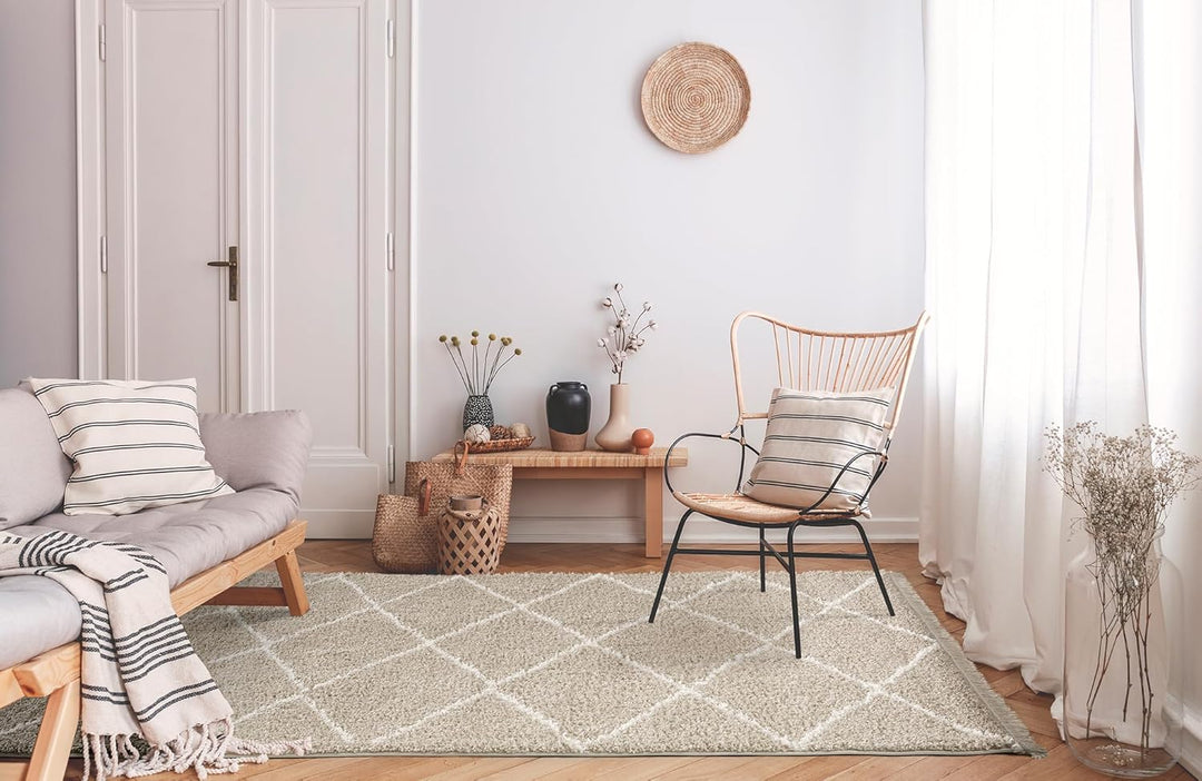 TESSO LIVING Hochflor Teppich - Beige - 120 cm Rund - Diamantmuster Shaggy Teppich Mit Fransen – Bes