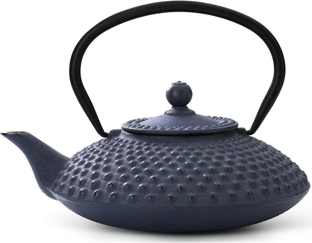 grosse blaue Asia Teekanne Gusseisen Set 1.25 Liter Teekessel mit Henkel & Edelstahl Tee-Filter-Sieb