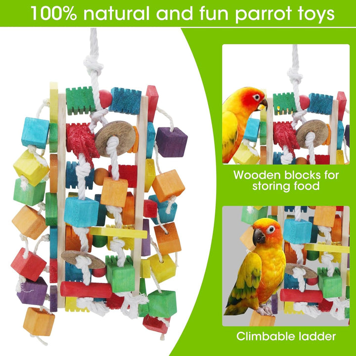 MQUPIN Grosser Vogel Papagei Spielzeug, Bunte Holzblock Kauen Papagei Spielzeug in verschiedenen For
