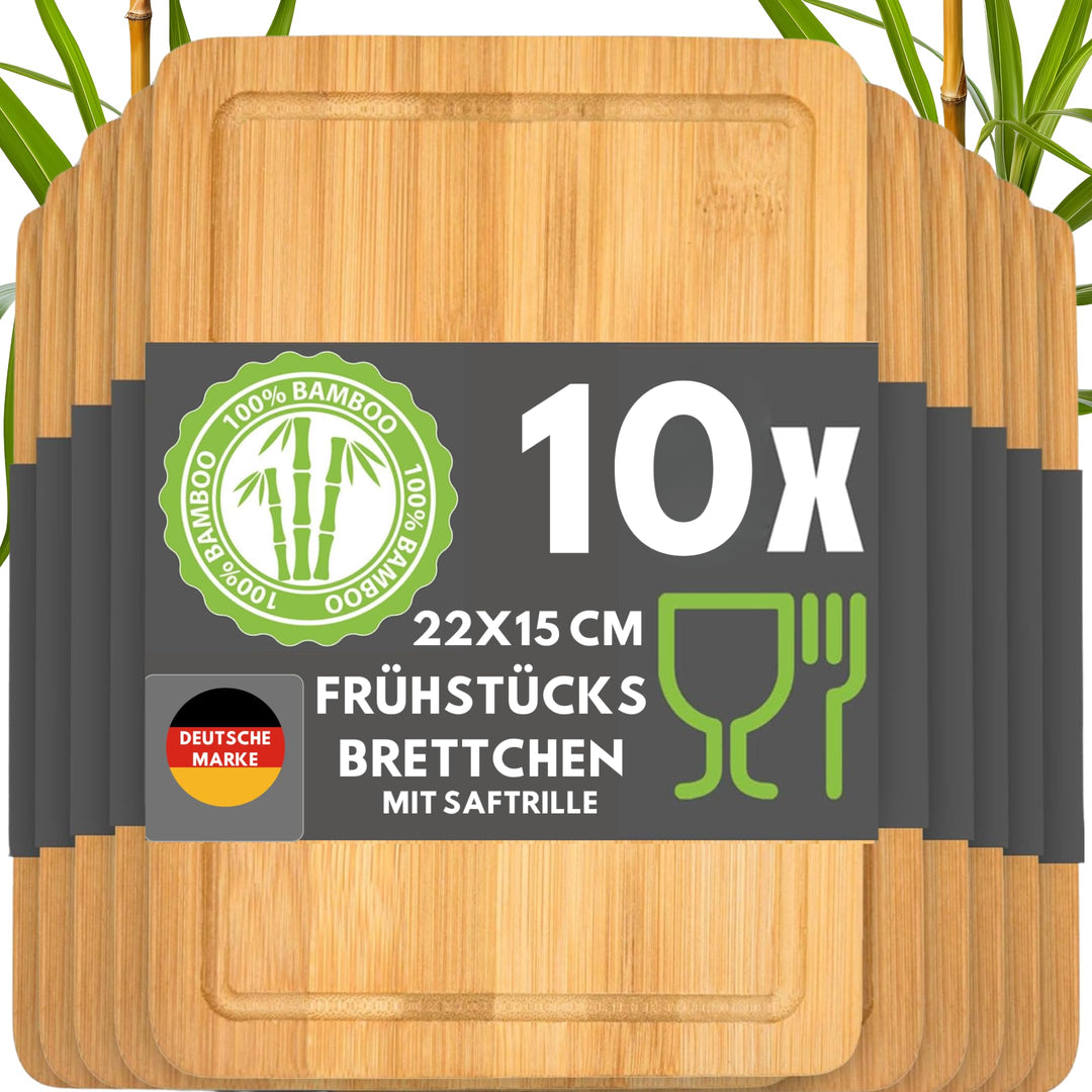 DuneDesign Frühstücksbrettchen Holz 10er Set - Bambus Holzbrett 22x15 cm für Küche & Frühstück - sta