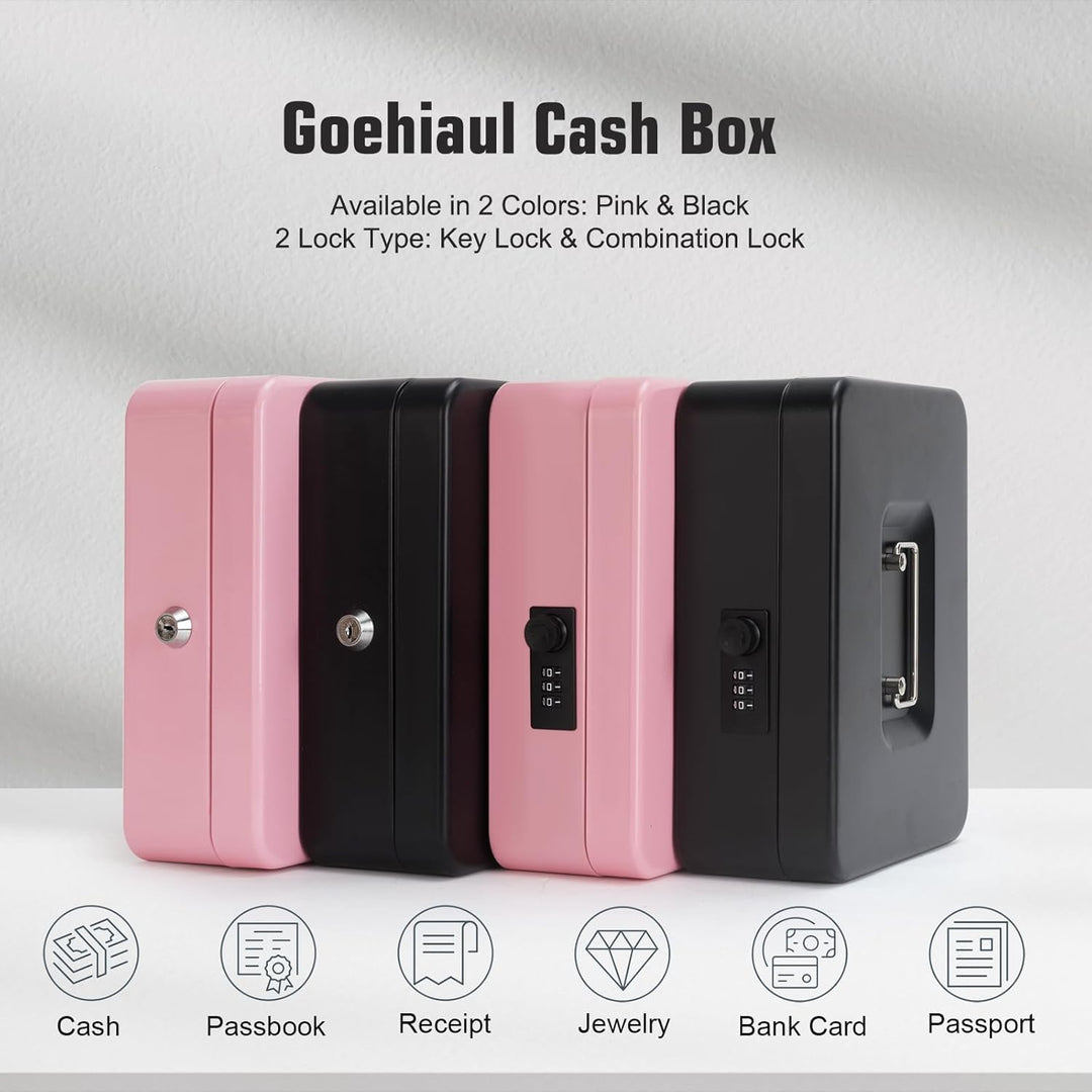 Rosa Geldkassette mit Geldablage und Schloss, Metall-Spardose für Bargeld, Schlosskasten für Geld, 2