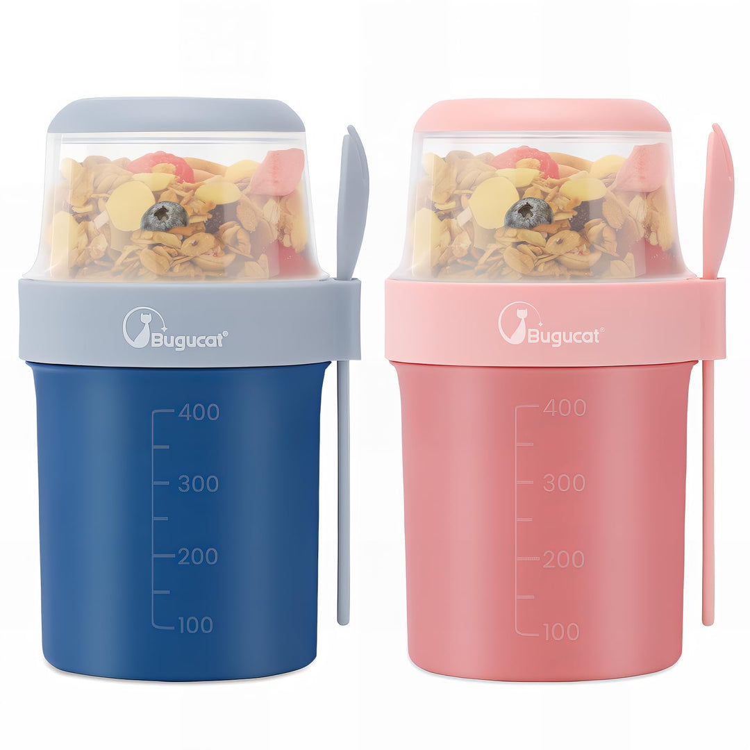Bugucat 2in1 Müslibecher to Go 560ml+310ml, Praktischer Joghurtbecher & Müslibecher für Picknick 2er