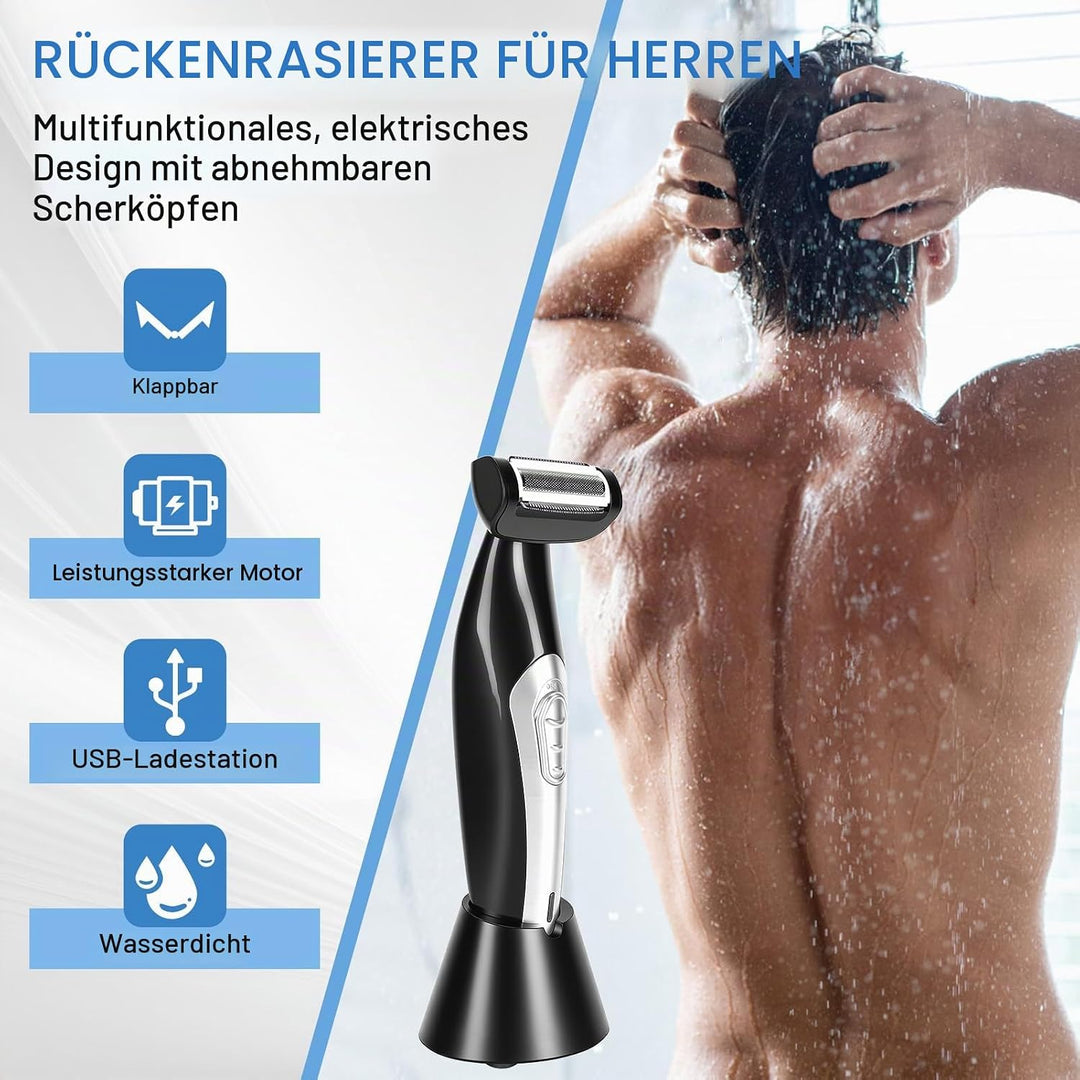 Herren Rückenhaarentferner, tragbarer Bodygroomer mit verlängertem Griff, für Nass- und Trockenrasur