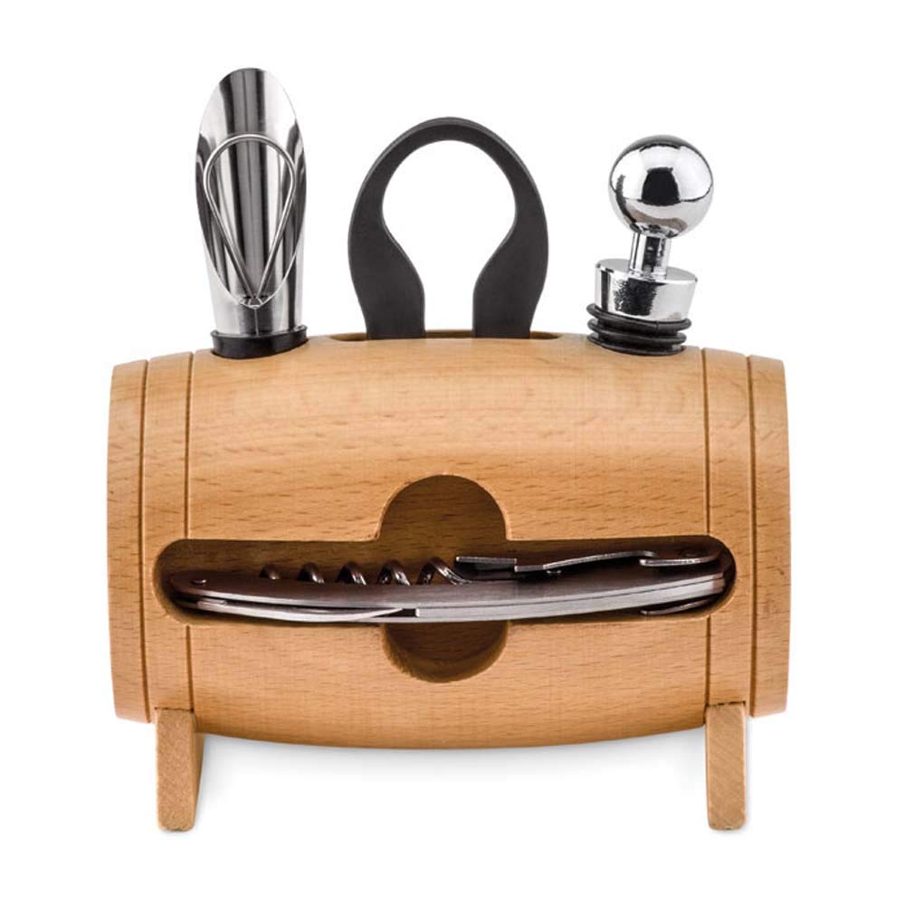 noTrash2003 Weinset Sommelierset Weinzubehör im edlen Holzfass mit Kellnermesser, Flaschenverschluss