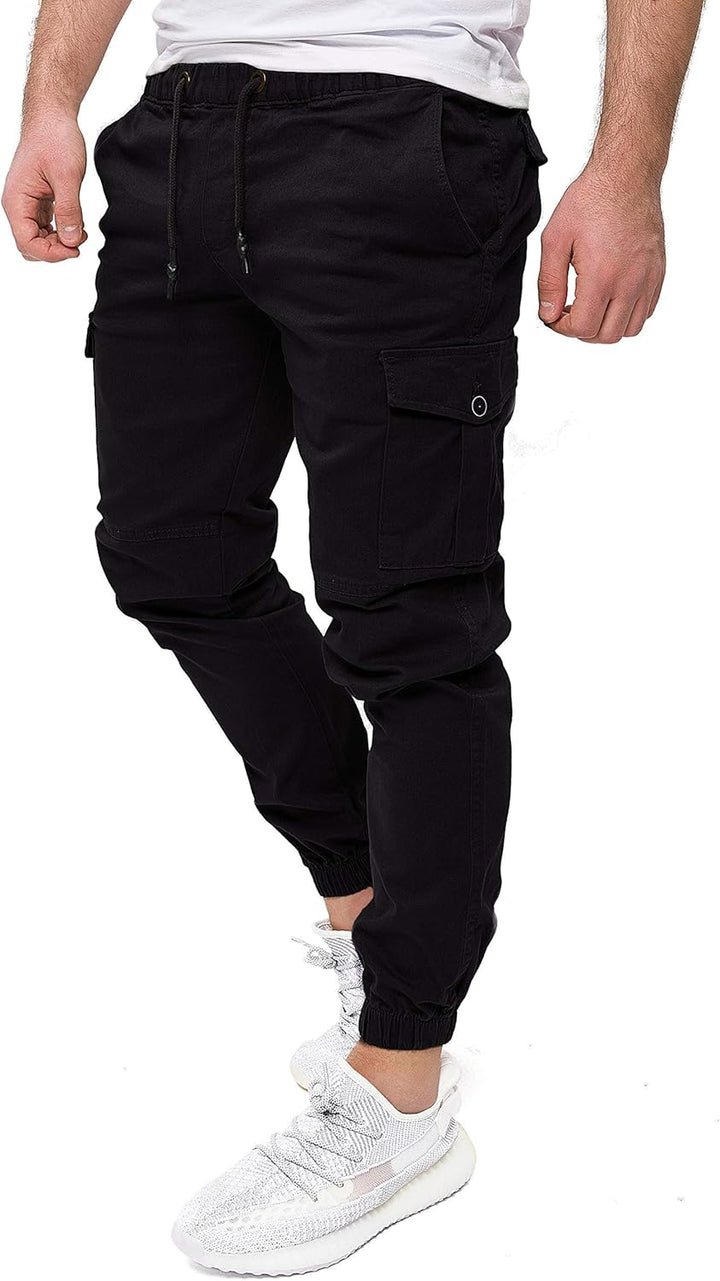 PITTMAN Darius - Herren Cargo Hose - Baumwoll Cargohosen - Cargo Jogger 28W / 34L Schwarz (Black 194