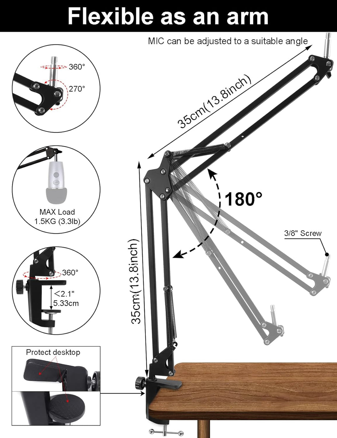 Mikrofon Ständer Boom Arm, Einstellbarer Mikrofonarm für Blue Yeti, Yeti Nano, Elgato Wave, HyperX Q