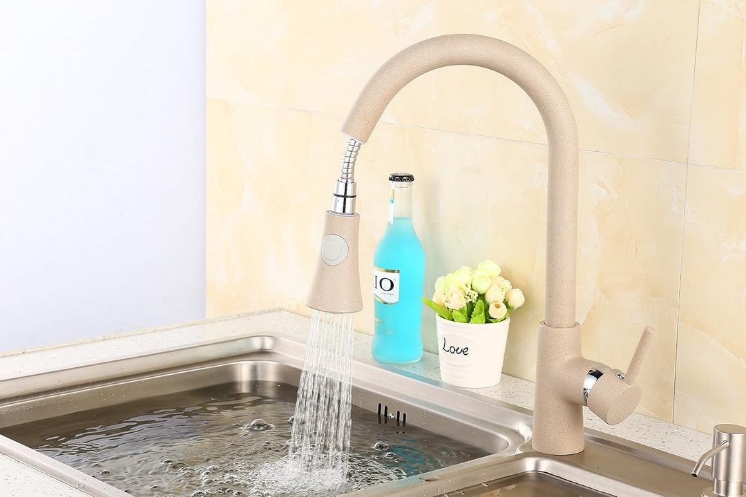 ZXC Hochdruck Profi Küchen Armatur Einhand Mischbatterie mit ausziehbarer Brause in Granit Beige, Be