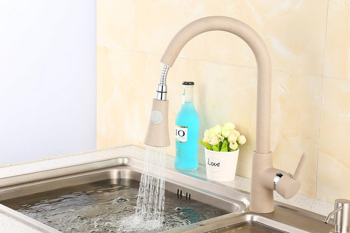 ZXC Hochdruck Profi Küchen Armatur Einhand Mischbatterie mit ausziehbarer Brause in Granit Beige, Be