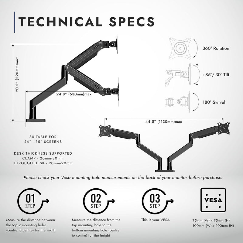 Invision Halterung 2 Monitore für 24-35 Zoll Bildschirme VESA 75mm & 100mm Höhenverstellbar Neigen S