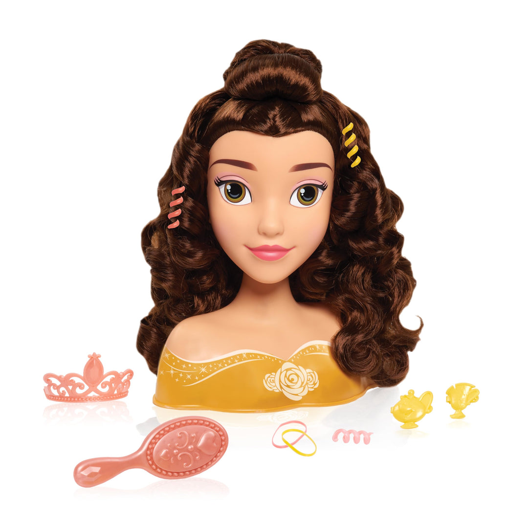Just Play Disney Princess Belle Styling Head, Brown Hair, 10 Piece Pretend Play Set, Beauty and The