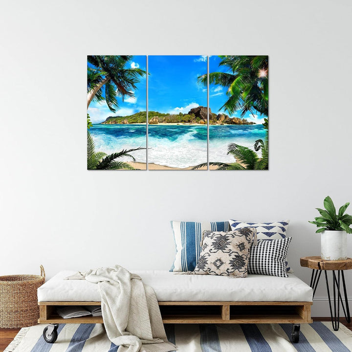 Runa Art Wandbilder Meer Strand Bild XXL Wohnzimmer Schlafzimmer Blau Palme Meer 120 x 80 cm 3 Teili