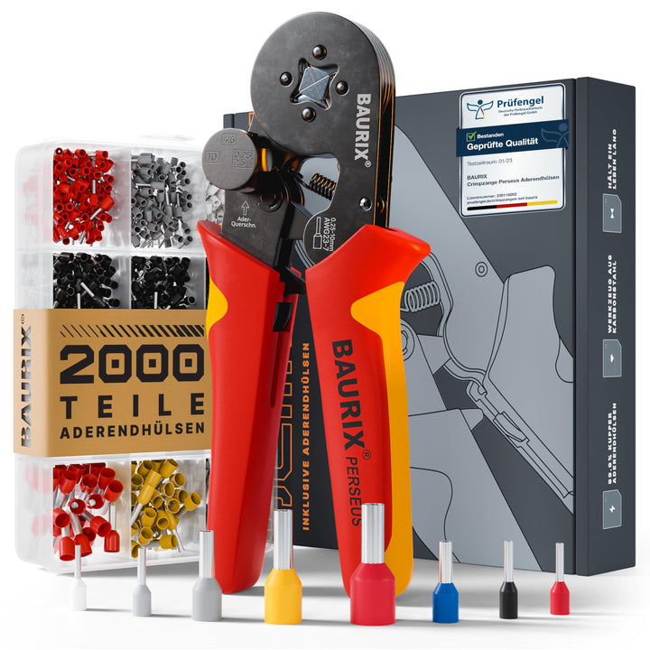 BAURIX® Crimpzange mit 2000 Aderendhülsen Set I Aderendhülsenzange mit Kraftregler [Für 0,25-10mm²]