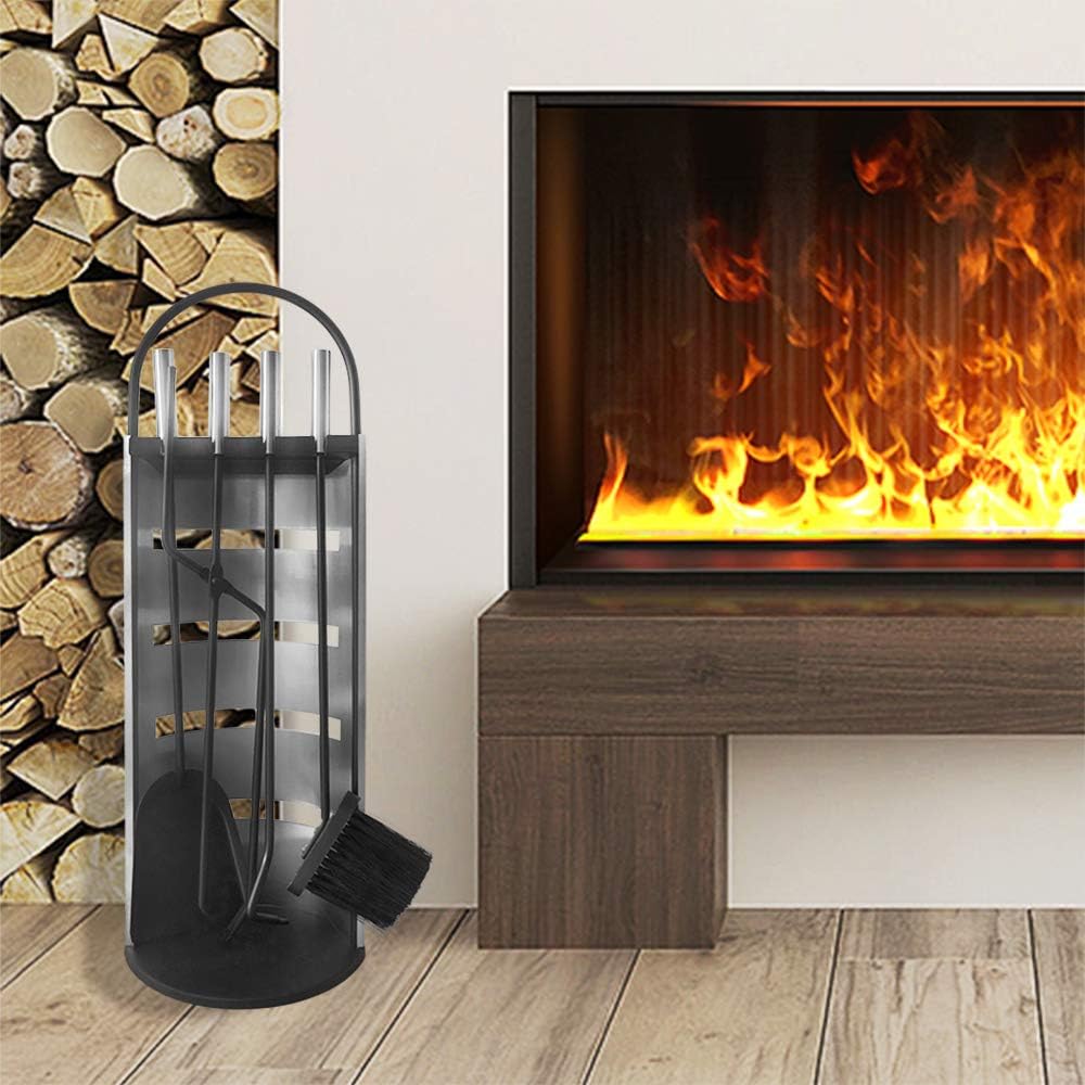 Yznahre Edelstahl Kaminbesteck Set 5 TLG, Modern Kamingarnitur Kaminwerkzeug mit Ständer, Besen, Zan