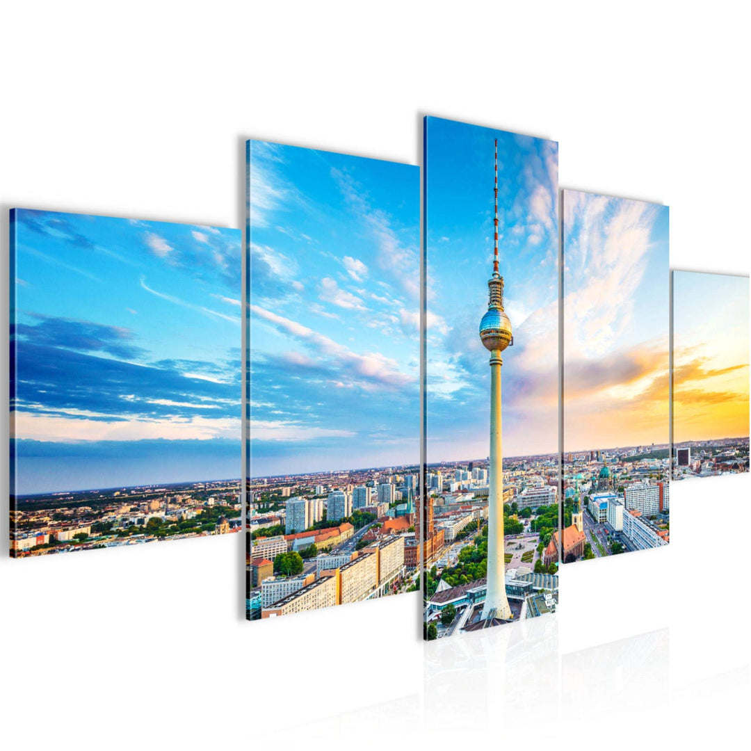Runa Art Bild Wohnzimmer Büro Berlin Fernsehturm 5 Teilig Städte Blau Bunt Wandbilder auf Vlies Lein