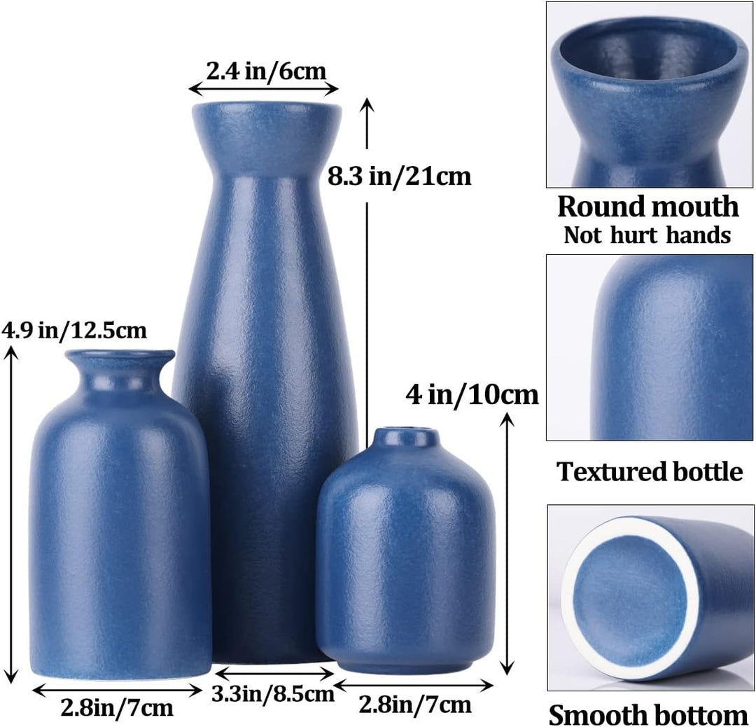 Blaues Keramikvasen-Set – 3 marineblaue Vasen, landhausblaue Vasen als Heimdekoration, Wohnzimmerdek