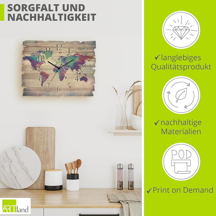 ARTLAND Wanduhr ohne Tickgeräusche aus Holz Quarz Uhr lautlos 40x30 cm Rechteckig Weltkarte Landkart