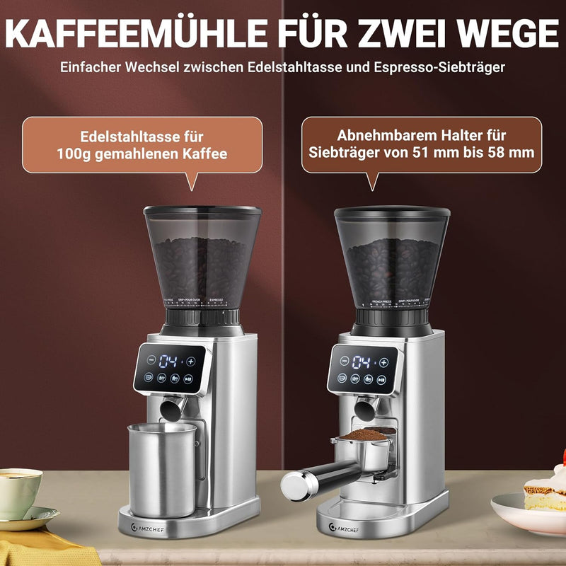 AMZCHEF Kaffeemühle Elektrisch mit Abnehmbarem Halter für Siebträger und Behälter | Kaffeemühle Sieb