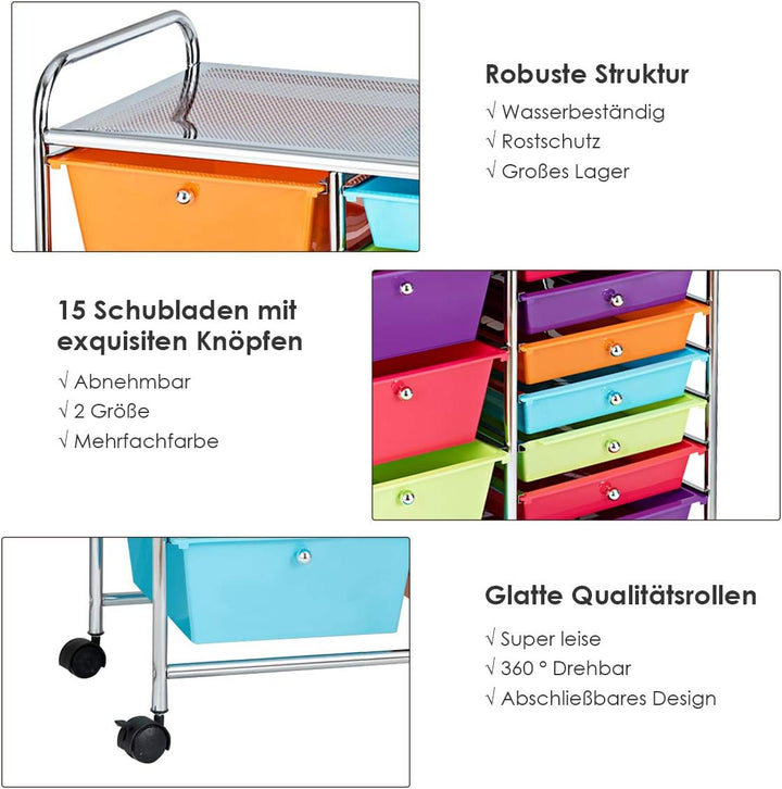 COSTWAY Rollwagen mit 15 stapelbaren Schubladen, Schubladenwagen Rollcontainer mit Metallgestell und