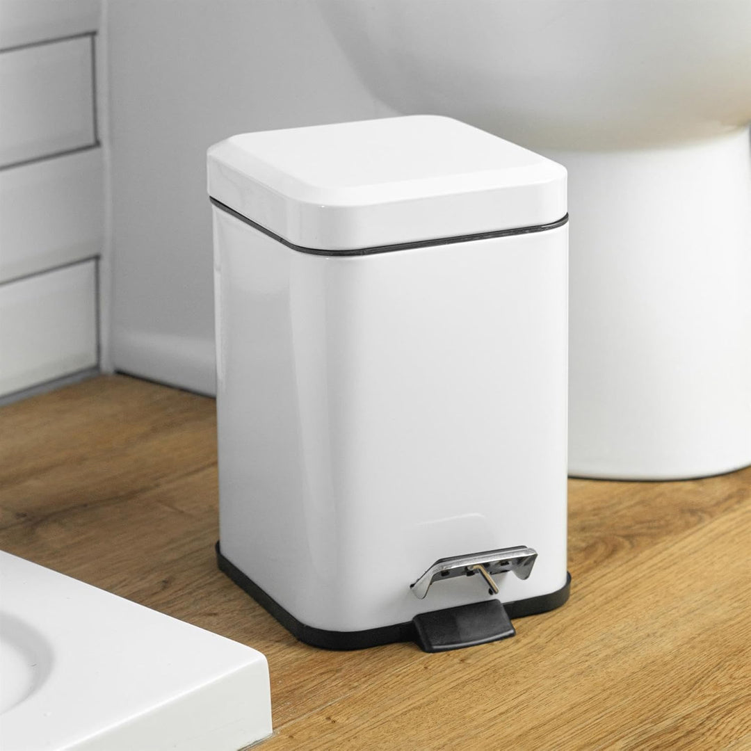 Rink Drink Badezimmer-Set - Eckiger Mülleimer mit Pedal & Toilettenbürste - Weiss - 3 l, Weiss