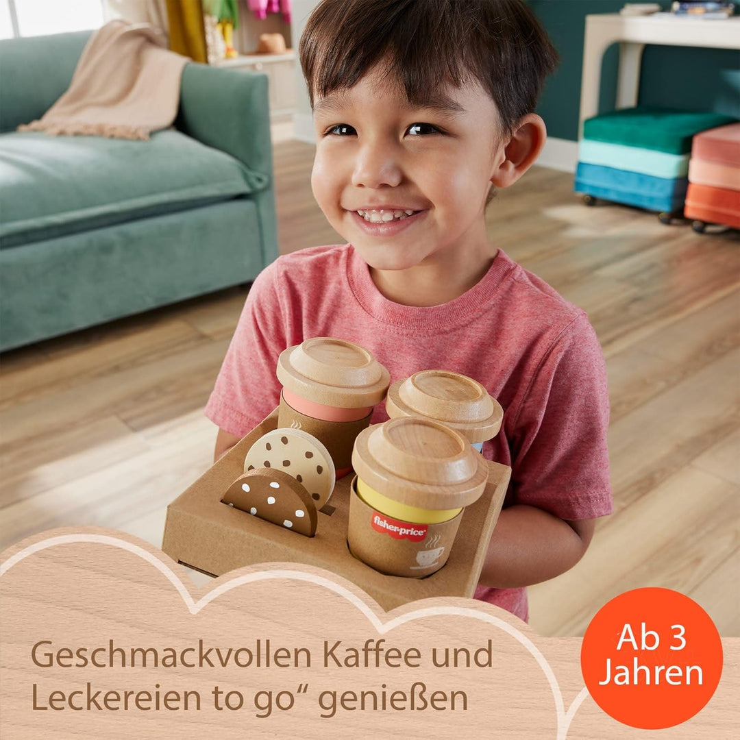 Fisher-Price Rollenspielset, Coffee-to-Go-Set aus Holz, Kaffeetassen und Leckereien für Kindergarten