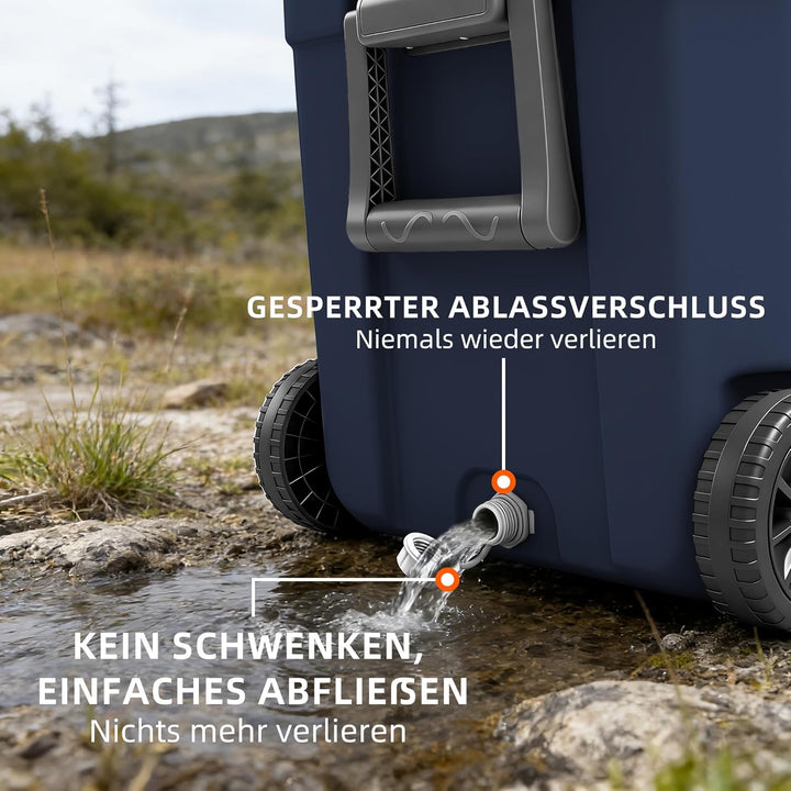 WISD 45L Kühlbox mit Rollen und Griff – Grosse Camping Kühlbox mit Metallverschlüssen & Ablaufstopfe