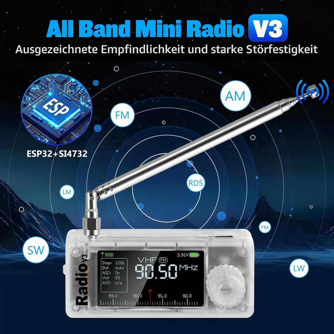 AURSINC SI4732 Mini Radio V3 Tragbare Kurzwelleempfänger, AM/FM/LSB/USB-Betriebsmodi, HF SW MW VHF V