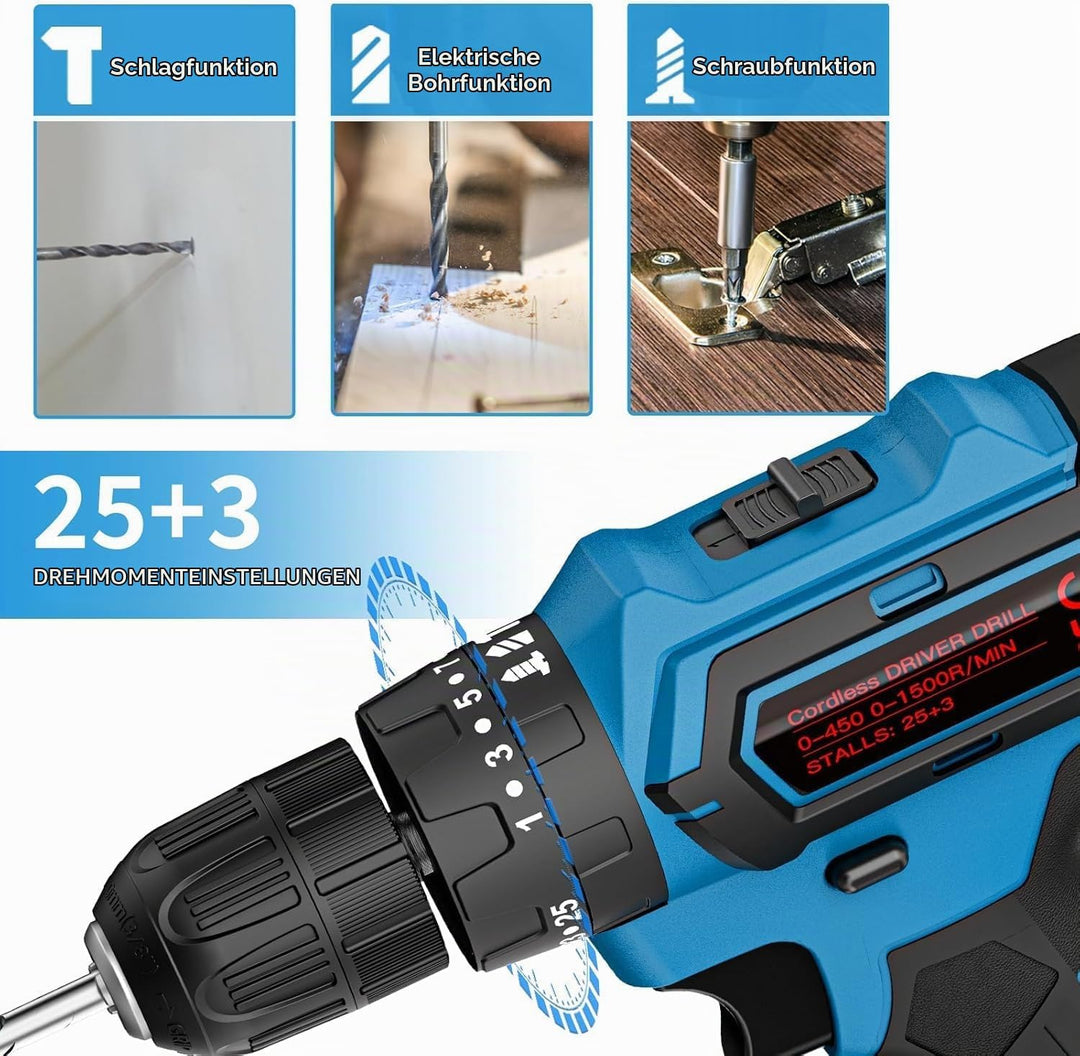 21V Akkuschrauber Set mit Koffer – 2×2000 mAh Akkus, 2-Gang, 25+3 Drehmomentstufen, 10 mm Schnellspa