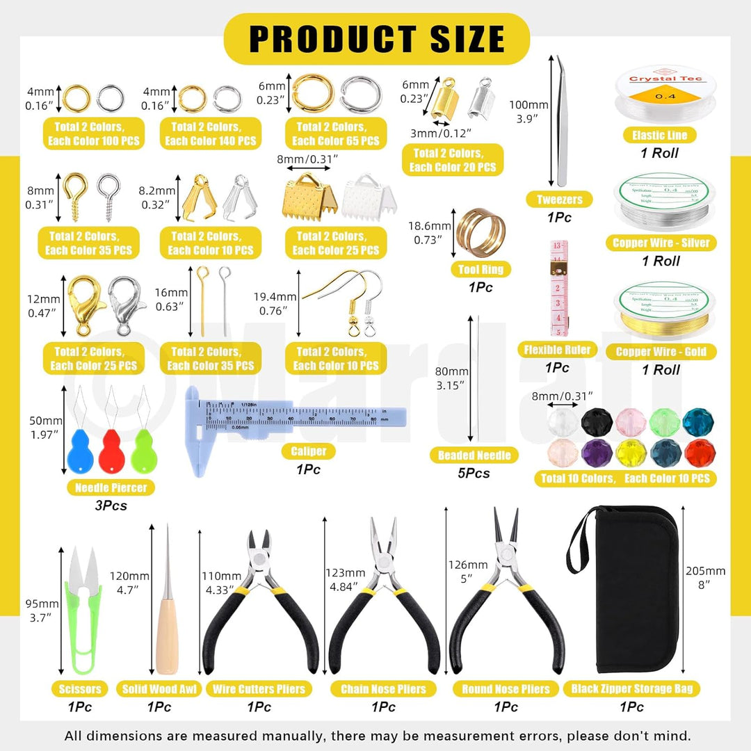 Mardatt 1250Pcs Jewelry Making Supplies Kit Includes 10 Colors 8mm Crystal Beads, Jewelry Pliers, Je