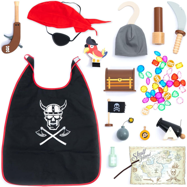 UMU® Kinder Holz Piraten Spielset mit Piratenkostüm inkl. Piratenumhang, Augenklappe, Papagei, Schat
