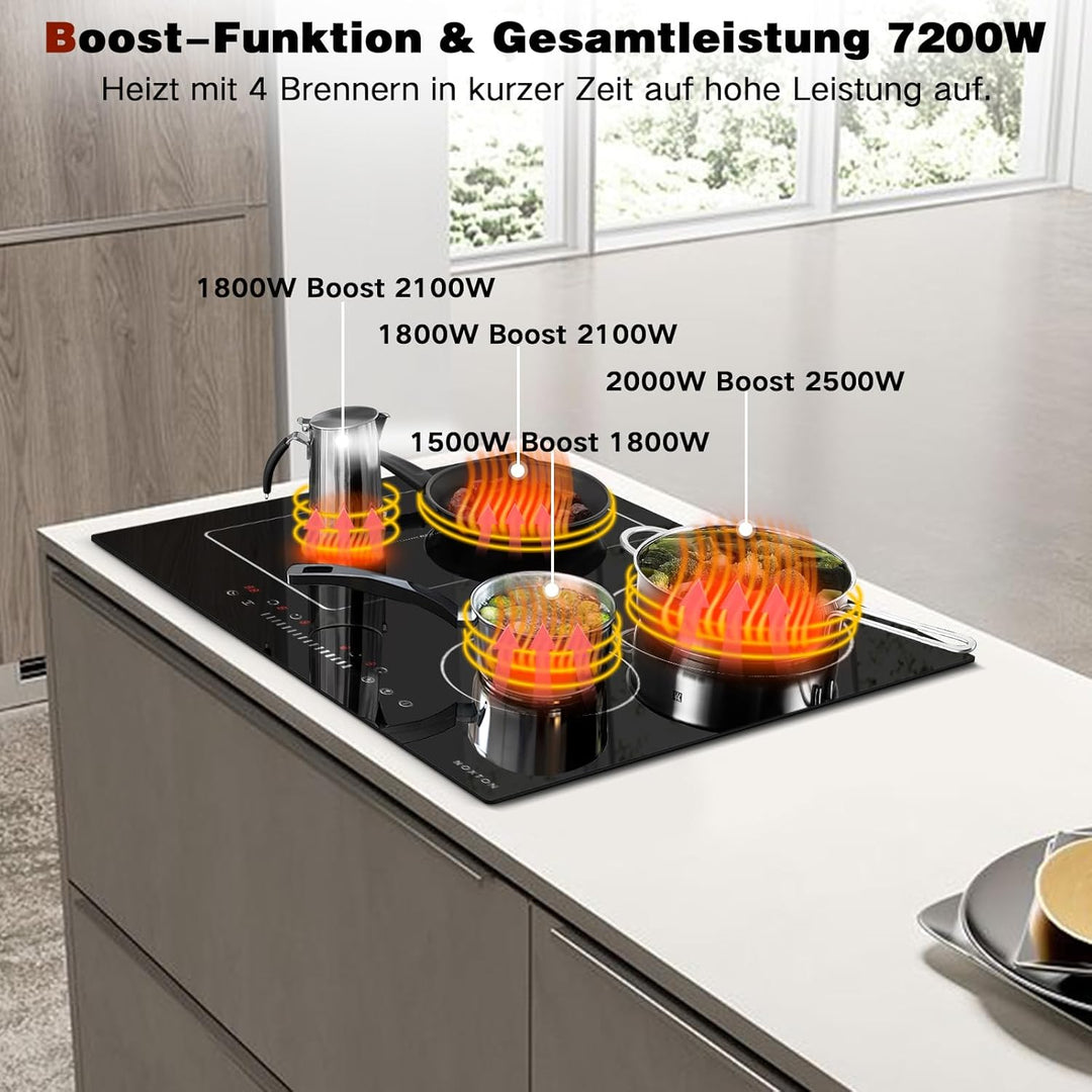 NOXTON Induktionskochfeld 60 cm mit Flexzonen, Autarkes Induktionsfeld 4 Platten, Kochfeld Induktion