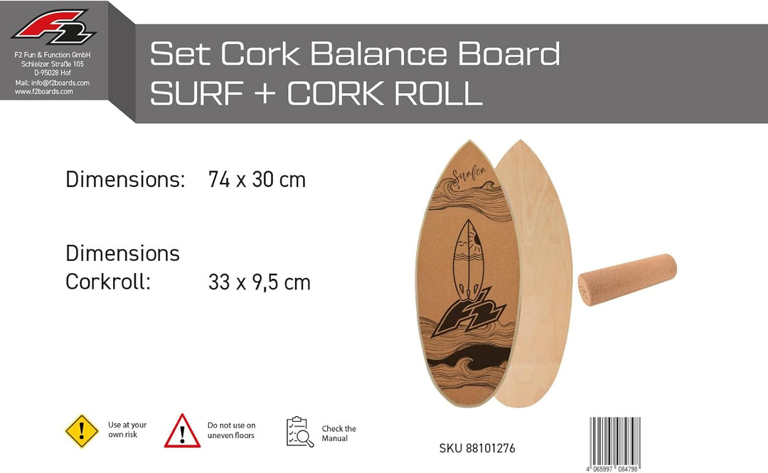 F2 Set Kork Balance Board Flat Shape + Korkrolle Modell wählbar Surf 74x30cm + Korkrolle, Surf 74x30